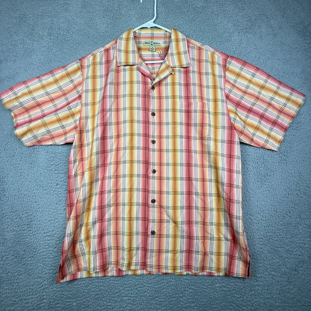 Tommy Bahama Silk Plaid Short Sleeve Button Up Shirt Mens Medium Aloha Tropical
